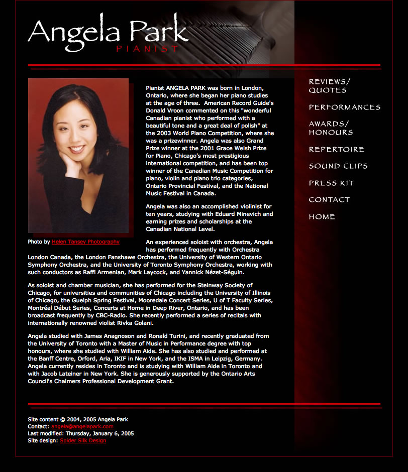 Angela Park web site screenshot