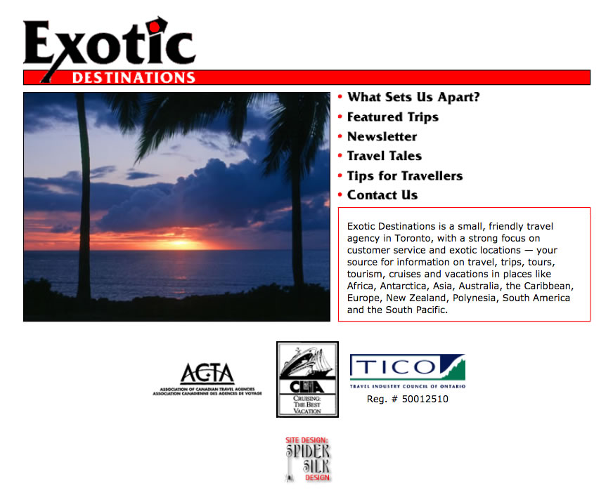 Exotic Destinations web site screenshot