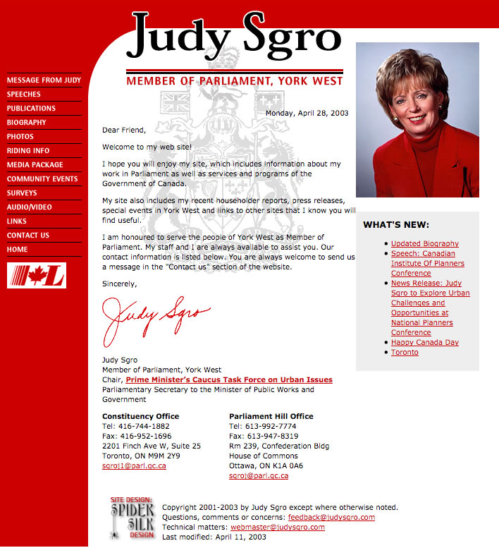 Judy Sgro web site screenshot